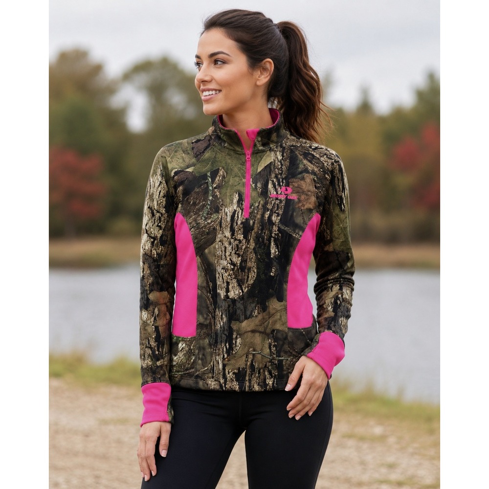 Mossy Oak 1/4 Zip Baselayer Shirt Womens‎ Medium Green Pink Camo Print Polyester